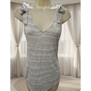 White House Black Market | WHBM Beige Bow V-neck Bow top Sz S / Small